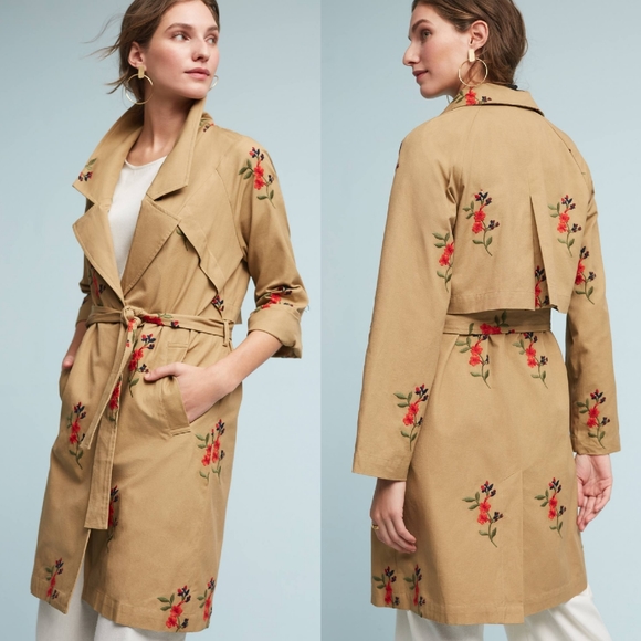 Anthropologie Jackets & Blazers - Anthropologie Embroidered Floral Trench Coat M